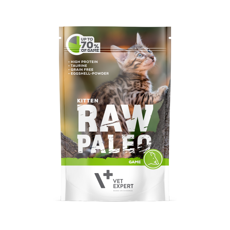 Masová kapsička Raw Paleo  Kitten -  Zvěřina s konopným olejem 100g